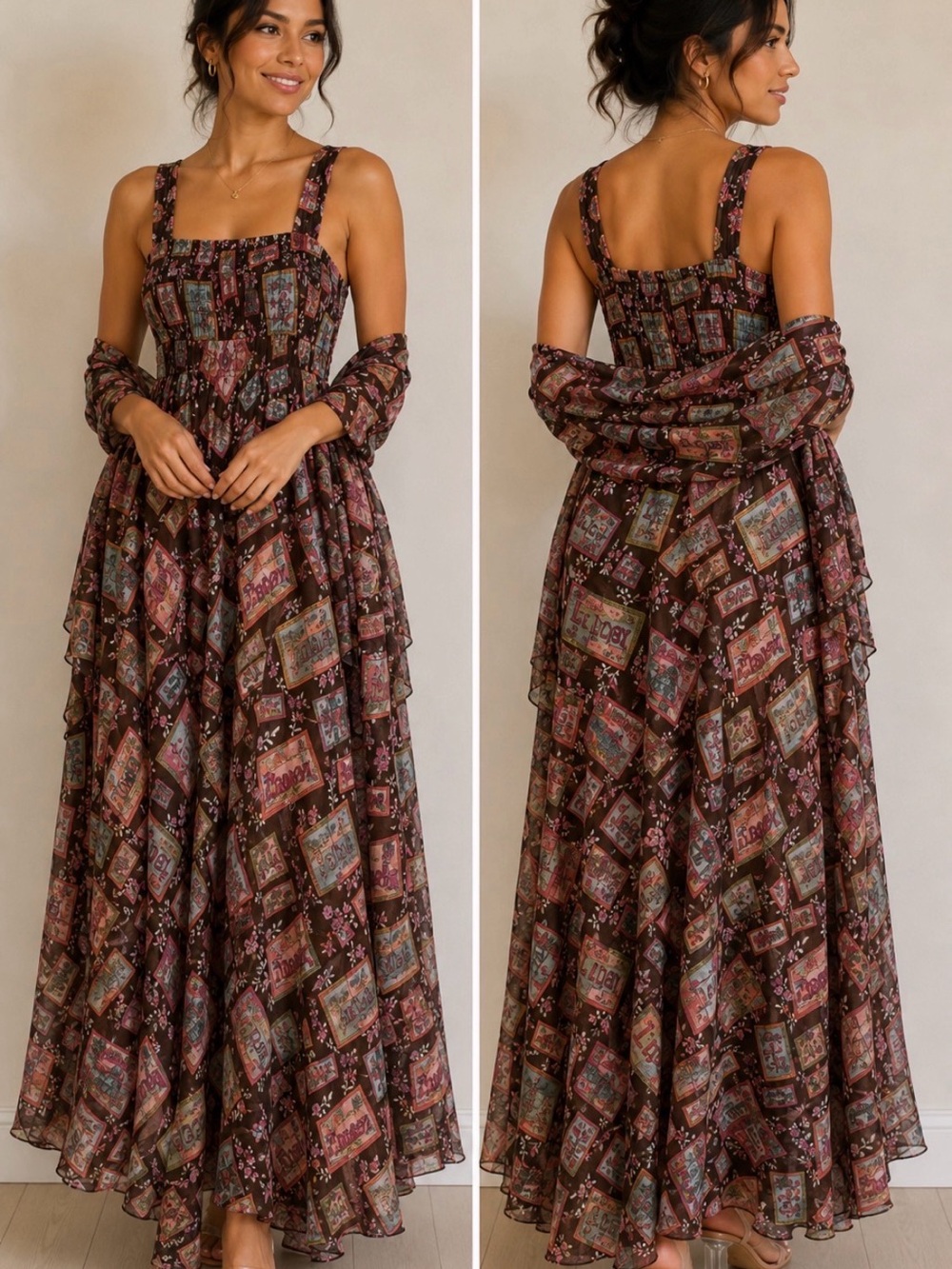 Vintage 70s Postcard Print Maxi Dress & Matching Shawl Set NWT 9